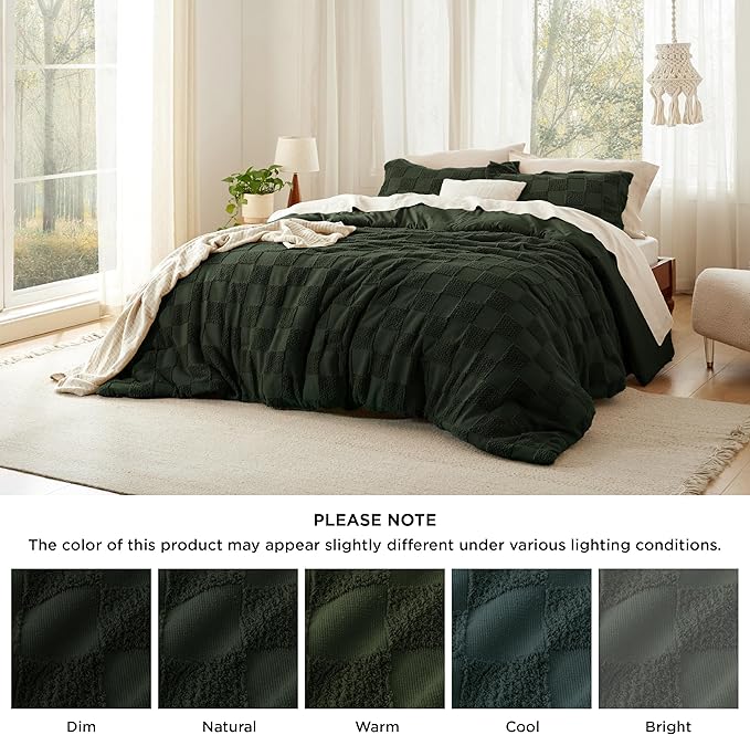 Bedsure Full Size Comforter Set Dark Olive Green, Boho Tufted Bed Set, Checkered Farmhouse Shabby Chic Bedding, 3 Pieces, 1 Plaid Geometric Comforter and 2 Pillow Shams