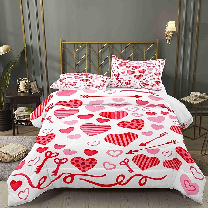 Valentine Hearts King Size Comforter Set with 2 Pillowcases, Red and Pink Heart Printed Pillow Shams Soft 3 Pcs Bedding for Kids Adults Bedroom Dormroom Bed Decor All Season