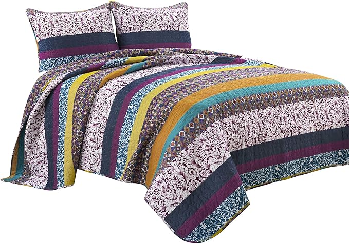 Lush Decor Boho Stripe Reversible Cotton Quilt 3-Piece Set, Full/ Queen, Plum & Yellow - Bold Colorful Bohemian Bedding Set