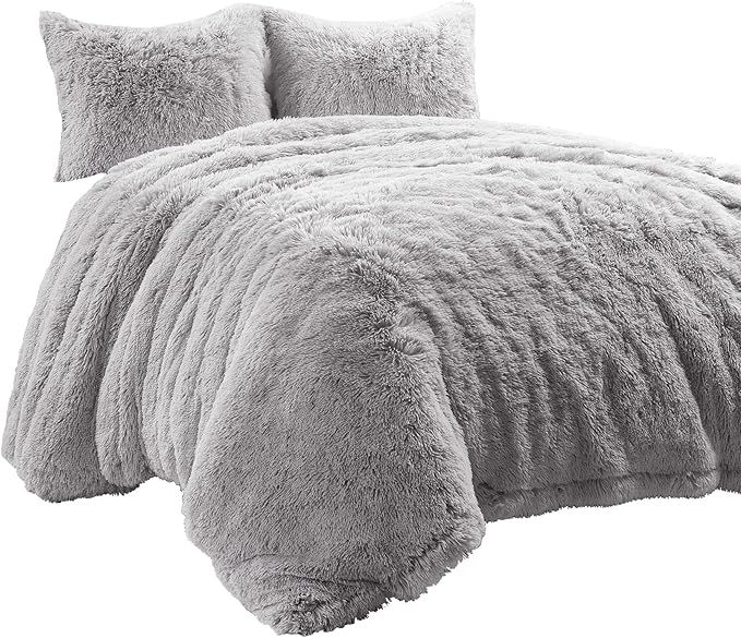 Lush Decor Emma Faux Fur Soft Fluffy Oversized Duvet Cover Set, Full/Queen, Light Gray - Warm Plush 3 Piece Bedding Set
