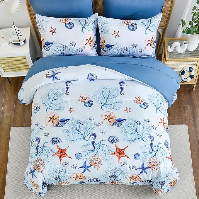 WONGS BEDDING Coastal Full Comforter Set, 7 Pieces Beach Themed Ocean Sand Dollor & Starfish Pattern Bed in a Bag, Summer Bed Comforter Bedding Set(78"×90")
