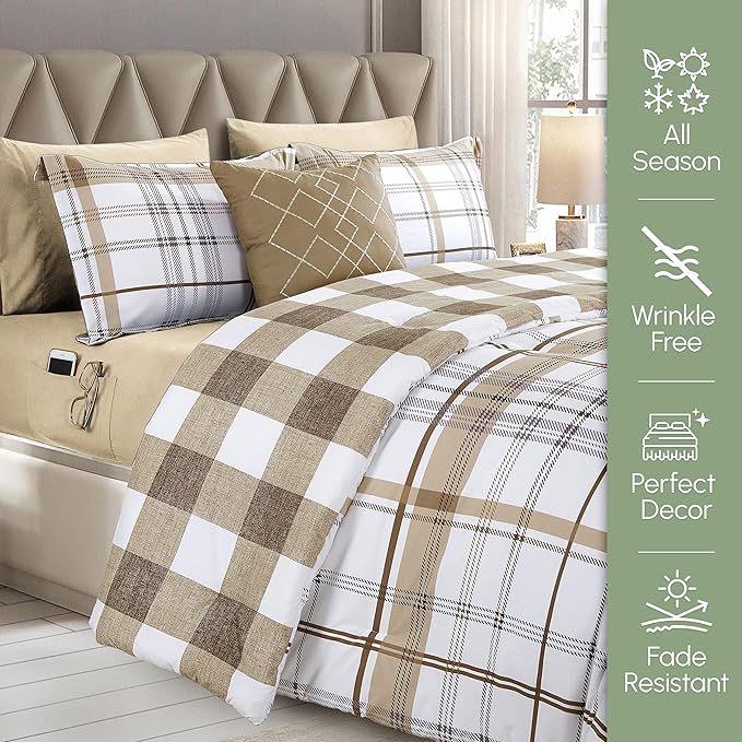 Elegant Comfort 8-Piece Lodge Plaid Reversible Comforter Set - All Season Bed in a Bag, 4-Piece Sheet Set Featuring Smart Pockets, Matching Shams and Decorative Pillow, Full/Queen, Taupe