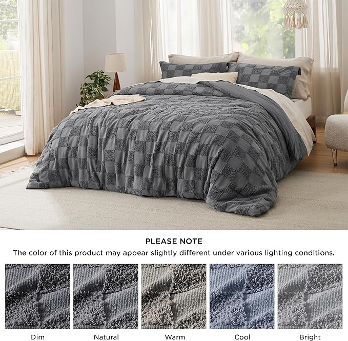 Bedsure Twin/Twin XL Comforter Set Dark Grey, Boho Tufted Bed Set, Checkered Farmhouse Shabby Chic Bedding, 2 Pieces, 1 Plaid Geometric Comforter and 1 Pillow Sham