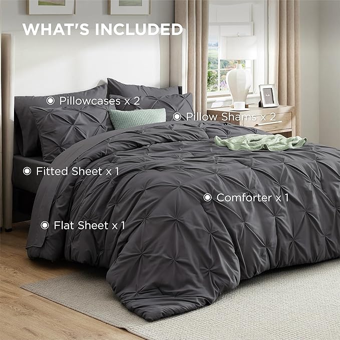 Bedsure California King Comforter Set - Bed in a Bag Cal King Bedding Set 7 PCS, GentleSoft™ Pintuck Bed Set Gift for Family, Pinch Pleat Dark Grey Comforter with Sheets, Pillowcases & Shams
