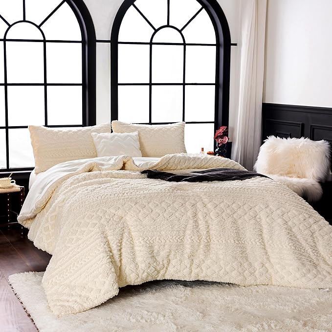 COTTEBED Fluffy Warm Sherpa Comforter Set Twin Bed, Boho Tufted Ultra-Soft Thick Twin XL Size Shabby Plush Bedding Down Comforter Sets for Boy Girl Child College Dorm Winter Christmas, Off White Ivory