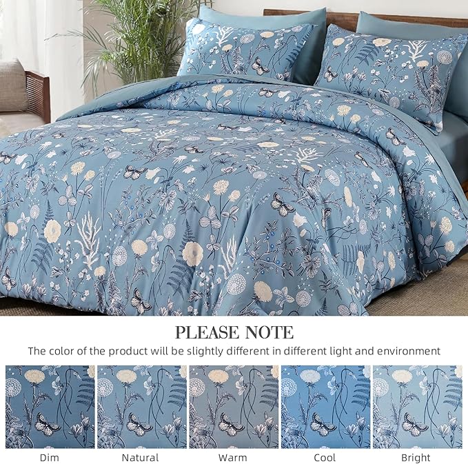 Yiran Blue Comforter Set Queen Size, 7 Piece Floral Comforter Bedding Set, Botanical Farmhouse Bed in a Bag, Soft Microfiber Complete Bedding Set with Sheets for All Season