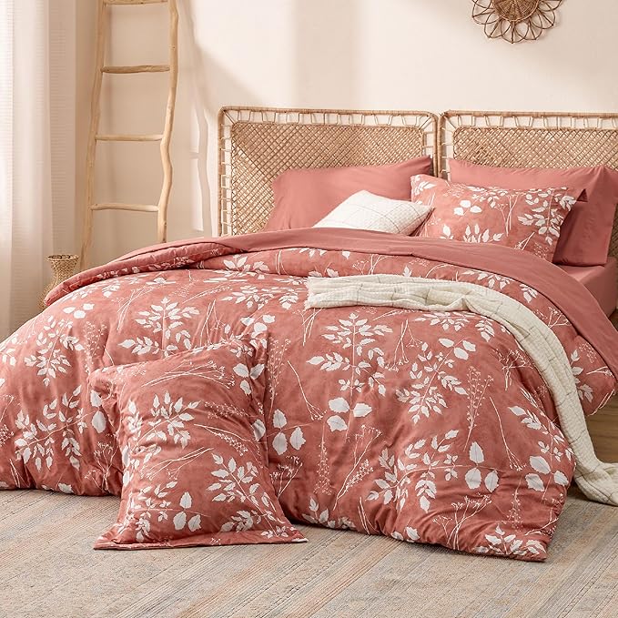 Bedsure Dusty Pink King Comforter Set - 7 Pieces Floral Bedding Sets, King Bed in a Bag with Reversible Botanical Flowers Comforter, Sheets, Pillowcases & Shams