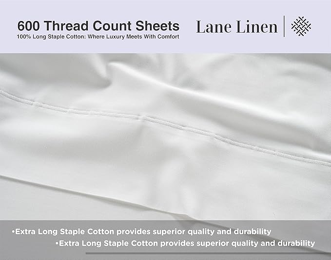 LANE LINEN 600 Thread Count 100% Cotton White Twin XL Sheets Set, Soft & Comfy Bedding Set Perfect for Hospital Beds, Mercerized Cotton, Fully Elasticized Silky Soft Cotton White Sheets Twin XL