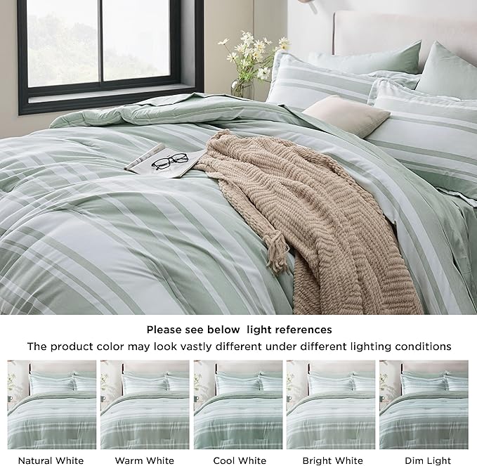 Bedsure King Comforter Set 7 Pieces, Sage Green Striped Bedding Set for All Seasons, Reversible, Cationic Dyeing Bed in a Bag with Comforter, Sheets, Pillowcases & Shams
