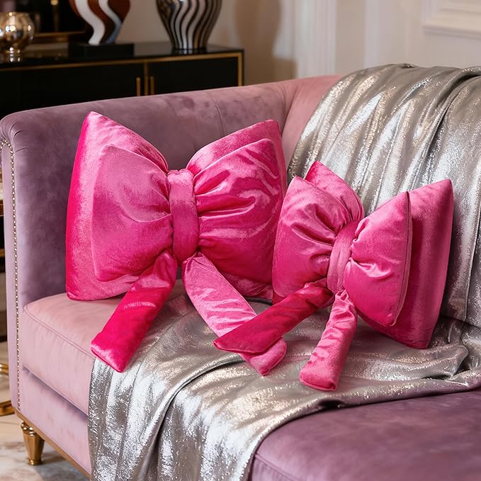 AELS Bow Pillow Decorative Throw Pillow, Shining Velvet Cute Pillow, 15.3"" & 13.7"" for Valentine's Day, Wedding, Christmas, Living Room, Bedroom, Nursery Decor, Hot Pink