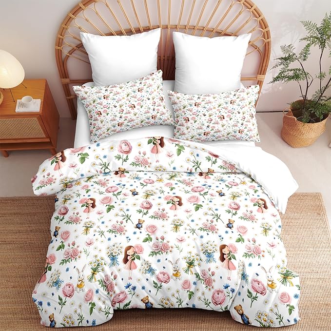 Botanical Comforter Set Full for Girls, 5Pcs Pink Rose Bedding for Kids Kawaii Bedroom Decor, Cute Priness Girly Rabbit Bear Comforter Set with 2 Pillowcases, 79"x90"