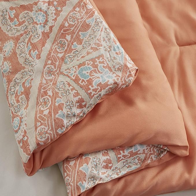 Comfort Spaces Bed in A Bag - Trendy Casual Design Cozy Comforter with Complete Sheet Set with Side Pocket, All Season Cover, Matching Shams, King(104"x90"), Gloria, Damask Coral 9 Piece