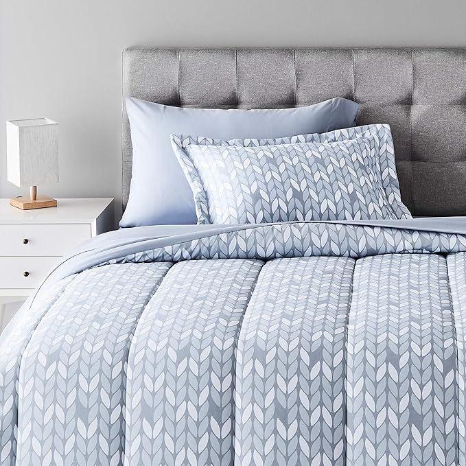 Amazon Basics Twin/Twin XL Comforter Set with Printed Sheets, 5-Piece Gray Leaf Bedding, Lightweight Microfiber Bed-in-a-Bag