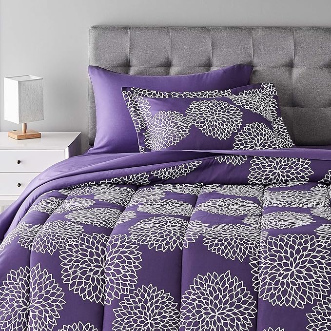 Amazon Basics 5-Piece Lightweight Microfiber Comforter Set with Sheets, Bed-in-a-Bag, Purple Floral Bedding, Twin/Twin XL