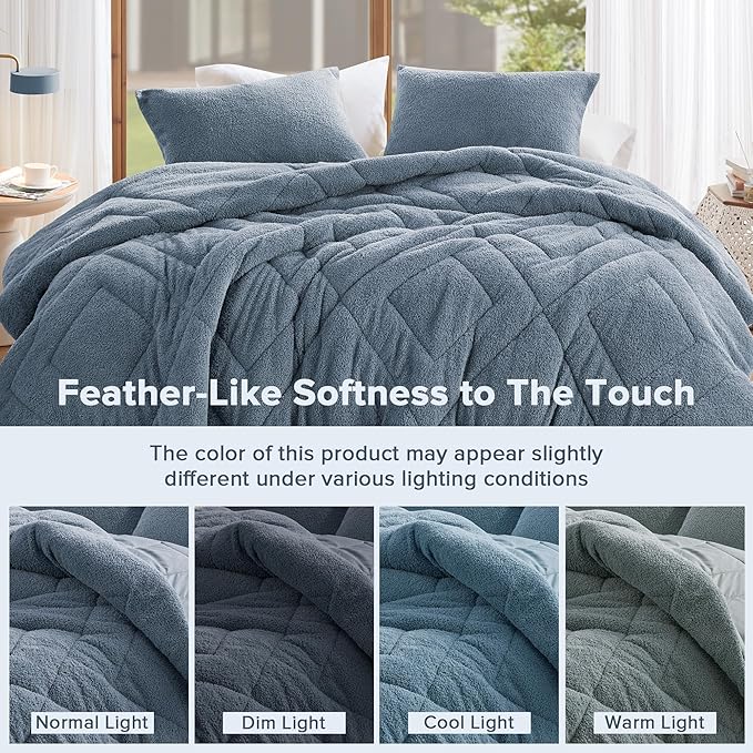 Comfort Spaces Queen Comforter Set Reversible Feather-Soft Plush Comforters for Queen Size Bed All Season Lightweight Shearling Fleece Sherpa Comforter Queen Size Bed Set, Full/Queen, Blue 3 Piece