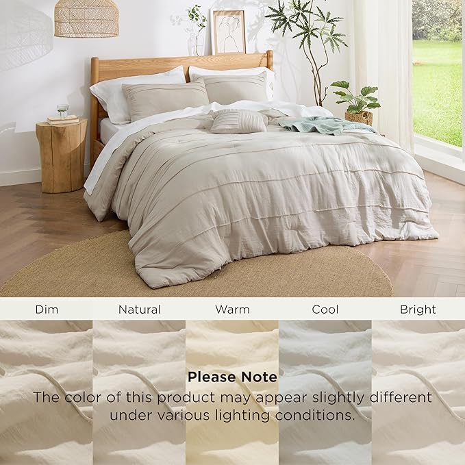 Bedsure Full Comforter Set - 4 Pieces Pinch Pleat Bed Set, Beige Boho Bedding for All Season, 1 Soft Comforter, 2 Pillowcases, 1 Decorative Pillow