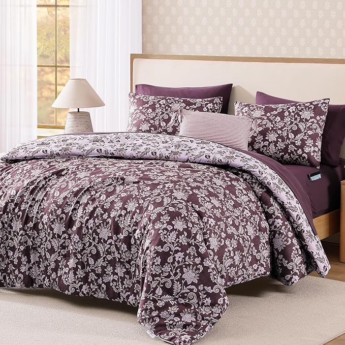Full Comforter Set -7 Pieces Floral Dark Purple Comforter Set for All Seasons, Bed in a Bag Full with Botanical Flowers Comforter, Sheets, Pillowcases & Shams