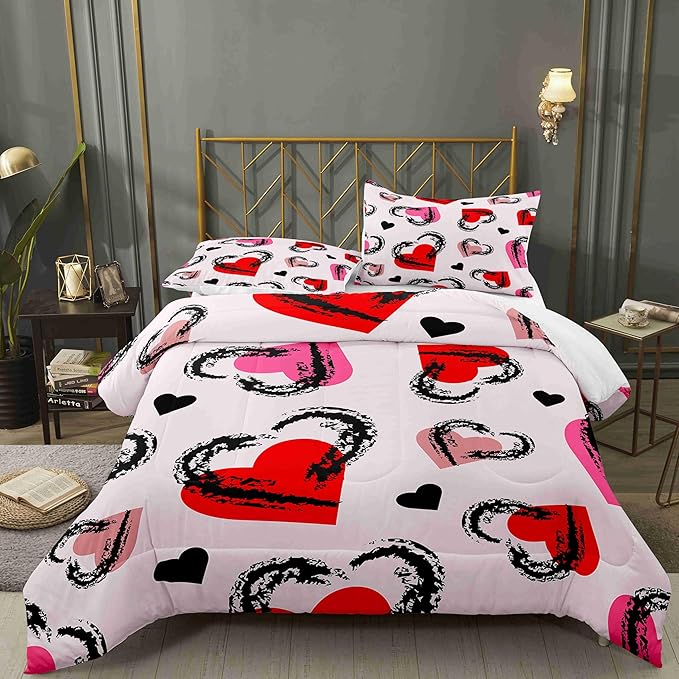 Red Heart Purple Background King Size Comforter Set with 2 Pillowcases, Valentine Heart Black Pink Printed Pillow Shams Soft 3 Pcs Bedding for Kids Adults Bedroom Dormroom Bed Decor All Season