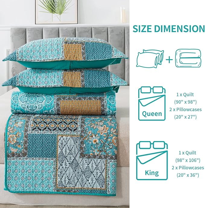 BEDIFANY Cotton Queen Size Quilt, Lightweight Bedspread Queen Size, Teal, Quilted Coverlets Queen Quilt Bedding Sets for Bed Decorations for All Seasons. 3 Pieces