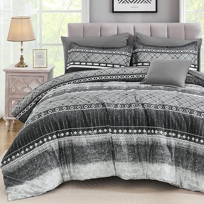 WONGS BEDDING 8 Piece King Size Comforter Set, Black Grey Striped Bed in a Bag Comforter and Sheet Set, Boho Lightweight Microfiber Bedding Set for All Season (90"×104")