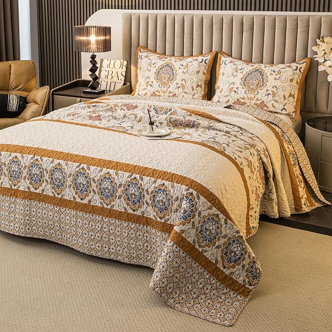 Bohemian Twin Size Comforter Quilt Sets -2 Pieces Red Quilts 100% Cotton(1Quilt,1 Pillow Shams) with Reversible Bedspreads Bohemian Patchwork Bedding Set Sleep Companion(Yellow)