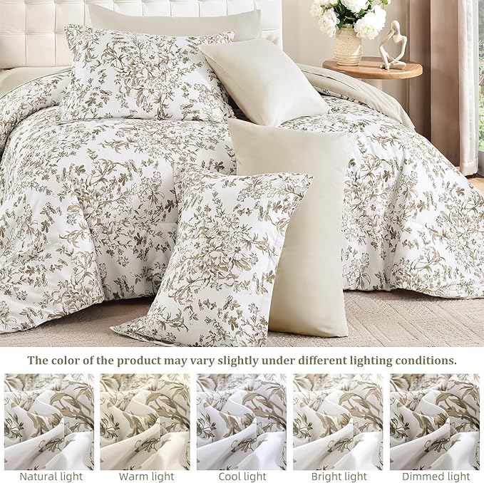 WONGS BEDDING Comforter Set Queen Size, 8 Pieces Brown Floral Botanical Comforter Sets, Bed in a Bag Soft Lightweight Microfiber Bedding Sets for All Seasons (90"x90")