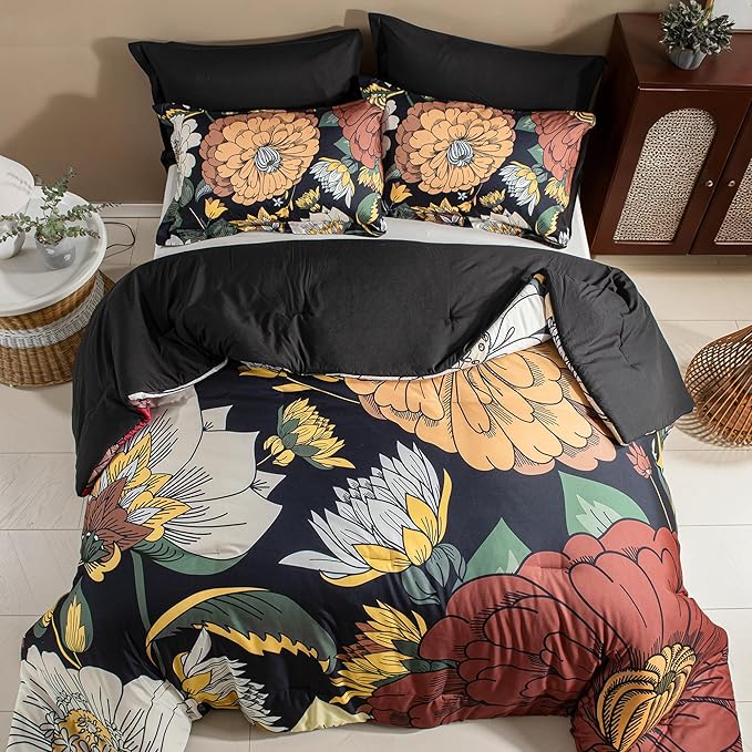 Black Boho Floral Queen Comforter Set - 3 Piece Farmhouse Botanical Bedding Comforter Sets for All Season Soft Lightweight Mid Century Bed Set, (1 Reversible Comforter and 2 Pillow Shams