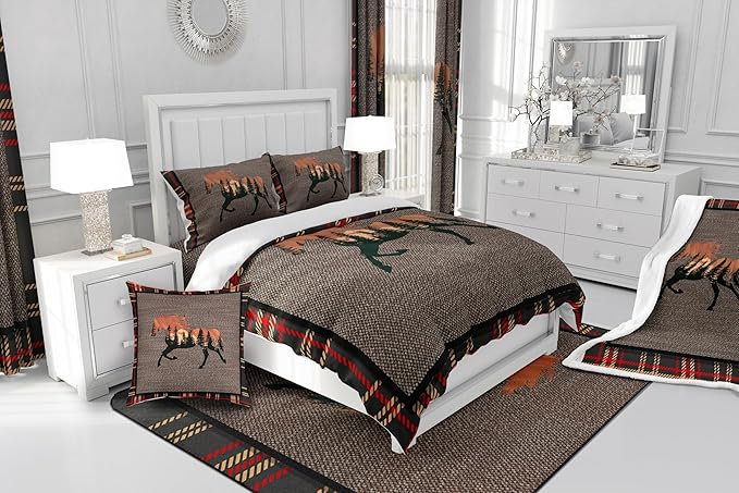 Erosebridal Horse Comforter Set,Rustic Western Cowboy Bedding Set for Teens Kids Adult,Farmhouse Nature Wildlife Bedding Western Room Decor,Plaid Down Comforter,Orange Grey Duvet Set,King