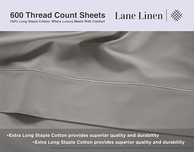 LANE LINEN 100% Cotton Sheets Full Size 600 Thread Count, Mercerized Cotton Fully Elasticized Fitted Sheet, Z Hem Top Sheet and Eurpoean Closure Pillowcases, Luxury Hotel Style Bedding Set- Silver