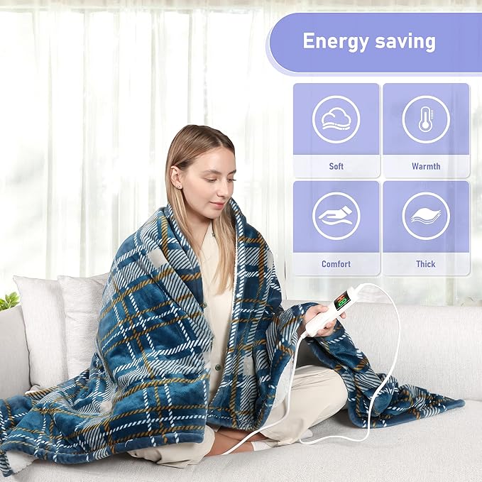 Electric Blanket Heated Throw, Soft Flannel 50"x60" Plaid Heating Blanket with 8 Hours Auto Off 10 Fast Heating Levels Machine Washable Sherpa Heated Blanket with Overheating Protection