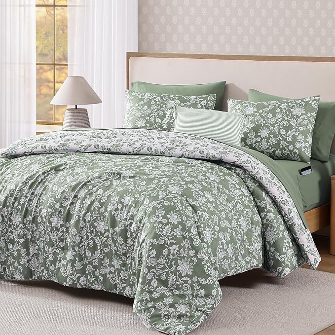 Full Comforter Set -7 Pieces Floral Grey Green Comforter Set for All Seasons, Bed in a Bag Full with Botanical Flowers Comforter, Sheets, Pillowcases & Shams