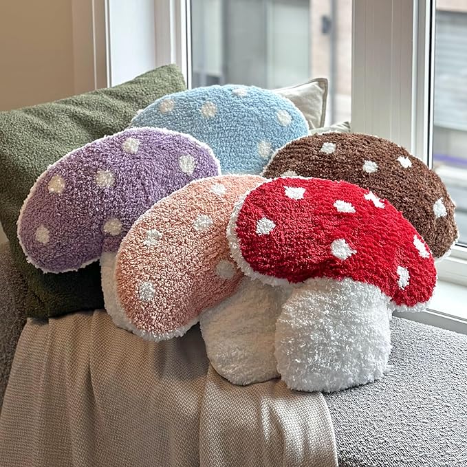 Mushroom Throw Pillow Tufted Decorative Cushion 15” x 15” – Decor for Bed, Couch, Living Room (Purple)