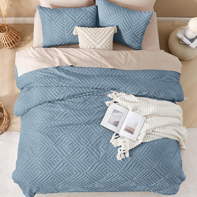 Andency Grayish Blue Comforter Set King Size, 3 Pieces Boho Bedding Set & Collections, Farmhouse Tufted Fluffy Bedding Comforter Sets for King Bed (1 Comforter 104x90In, 2 Pillowcases)
