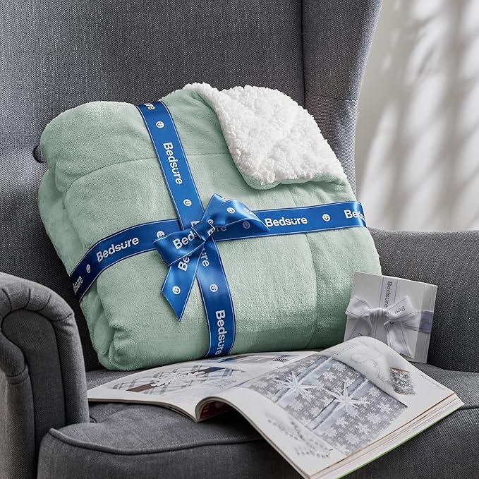 Bedsure GentleSoft Sherpa Fleece Blankets Queen Size for Bed - Thick and Warm Throw for Women and Men, Soft Fuzzy Plush Queen Blanket for Winter, Non-Heated, Sage Green, 90x90 Inches