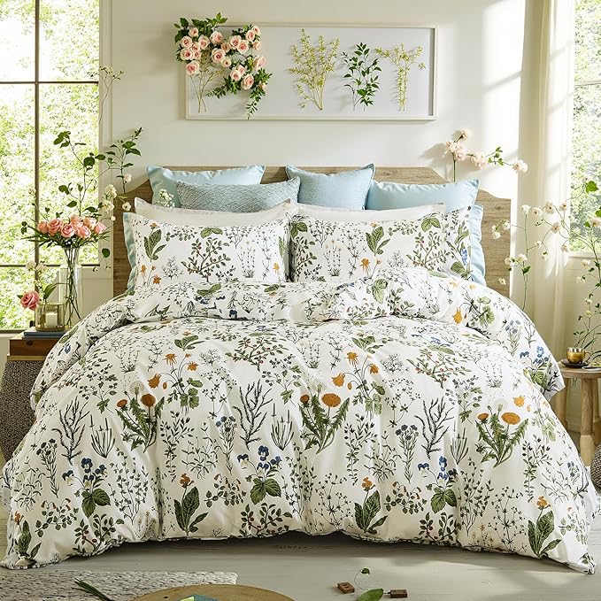 Green Comforter Set Queen, 100% Cotton Reversible Floral Pattern Comforter Set 3 Pcs Soft Cotton Lightweight Comforter All Season Soft & Breathable Green Bedding Set