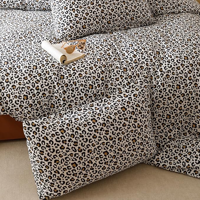 CLOTHKNOW Black Leopard Print Twin Comforter Set Black Brown Bedding Comforter Sets Soft Boho Cheetah Print Bedding Sets with 2 x Pillow Cases
