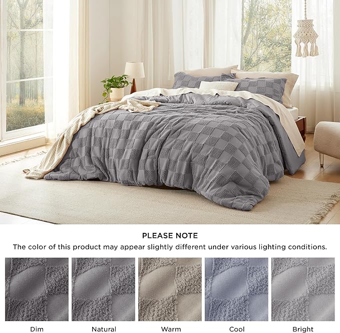 Bedsure King Size Comforter Set Grey, Boho Tufted Bed Set, Checkered Farmhouse Shabby Chic Bedding, 3 Pieces, 1 Plaid Geometric Comforter and 2 Pillow Shams
