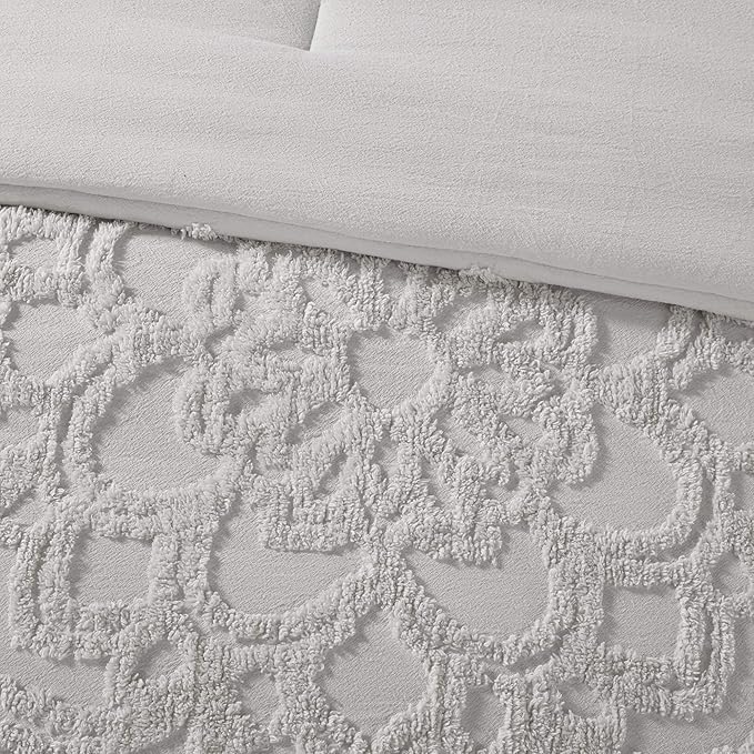 Madison Park Laetitia Comforter Bohemian Tufted Cotton Chenille, Medallion Shabby Chic All Season Down Alternative Bed Set with Matching Shams, Floral Grey Full/Queen(90"x90") 3 Piece