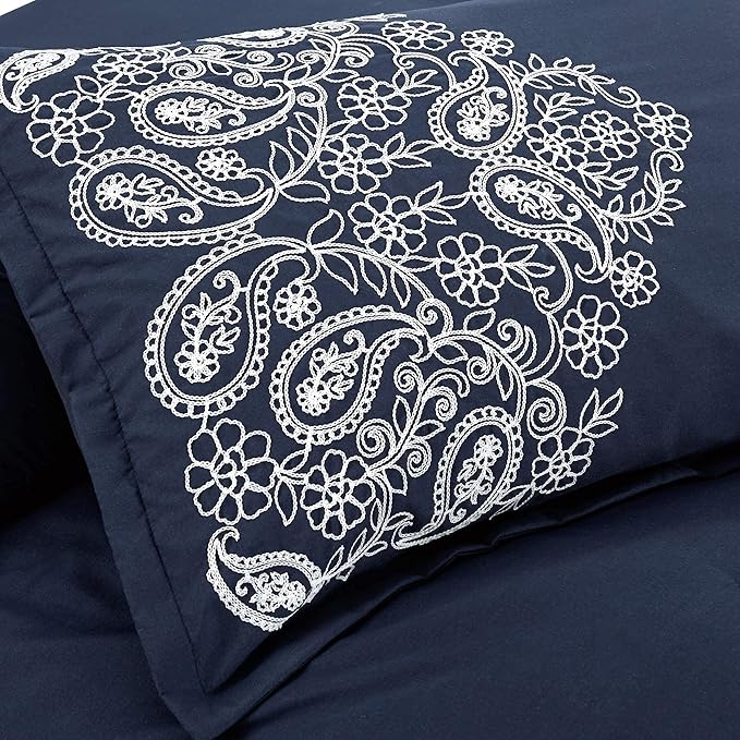 Chezmoi Collection Linz 7-Piece Navy/White Paisley Floral Scroll Embroidered Comforter Set, King