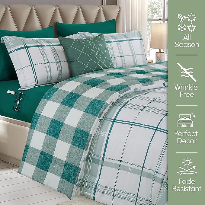 Elegant Comfort 8-Piece Lodge Plaid Reversible Comforter Set - All Season Bed in a Bag, 4-Piece Sheet Set Featuring Smart Pockets, Matching Shams and Decorative Pillow, Full/Queen, Sage