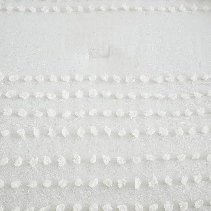 Comfort Spaces Cotton Comforter Set Jacquard Pom-Pom Tufts Design, Down Alternative, All Season Modern Bedding, Matching Shams, Full/Queen, Phillips, Ivory