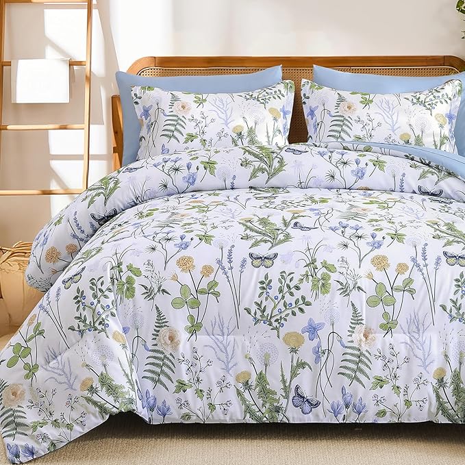 Yiran King Size Comforter Set, 7 Pieces Blue White Floral Soft Bedding Sets, King Bed in a Bag Botanical Flowers All Season Comforter, Sheets, Pillowcases & Shams