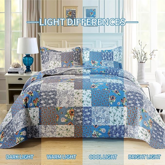BEDIFANY Boho King Size Quilt Bedding Set - Lightweight Reversible Bedspreads King Size (98 x 106 inch) Coverlet Set with Flower Pattern - Plaid King Quilt Sets for Decorations, 3 Pieces