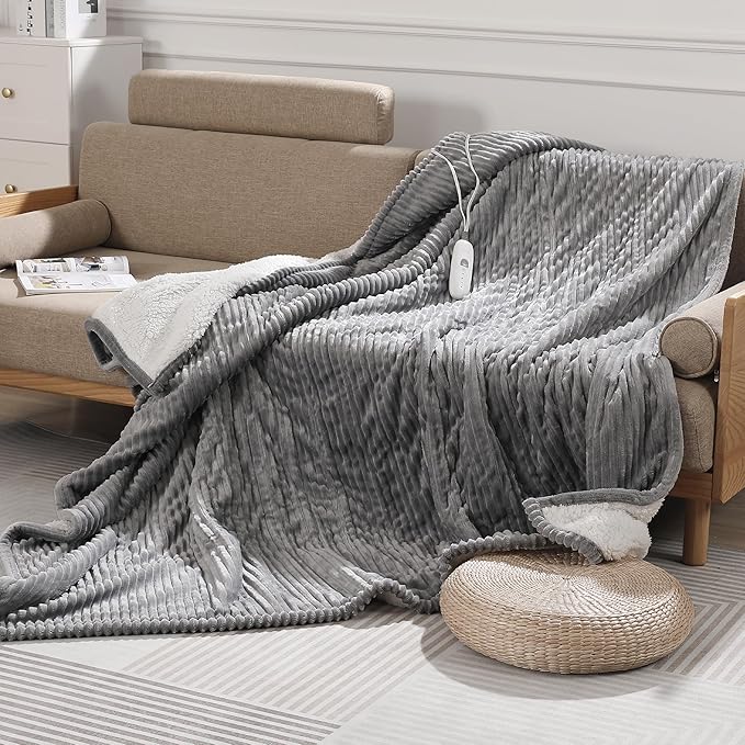 Electric Blanket Full Heated Blanket Full Size - Striped Flannel & Thick Sherpa, 5 Heat Settings & 10 Hour Auto Off with FCC/ETL Certified, Overheat Protection & Machine Washable, Light Grey 72"x84"