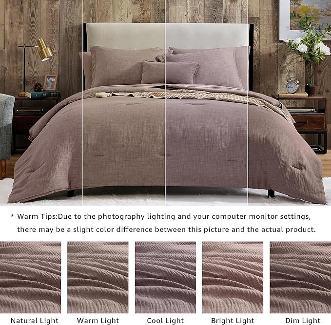 Geniospin Queen Comforter Set - 7 Pieces Comforter Queen Size, Soft Solid Bedding Set for All Season, Textured Bed in a Bag with Sheets, Pillowcases & Shams (Misty Rose, 90''x90'')
