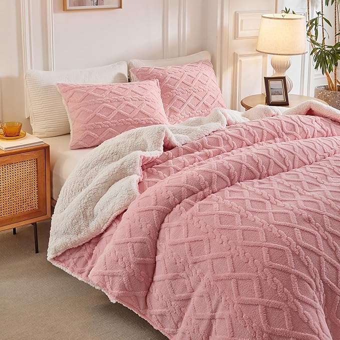 Joyreap 3-Piece Fluffy Faux Fur Sherpa Comforter Set Pink, Queen Size Luxury Tufted Bedding Comforter Set, All Season Soft n Cozy Plush Comforter Bed Set- 88x88 inches