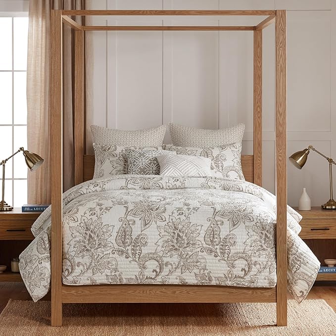 Levtex Home - Bennett Taupe Full/Queen Quilt Set (88x92in.)- Two Standard Shams (20x26in.) - Floral Paisley - Taupe and Cream - Reversible - Cotton