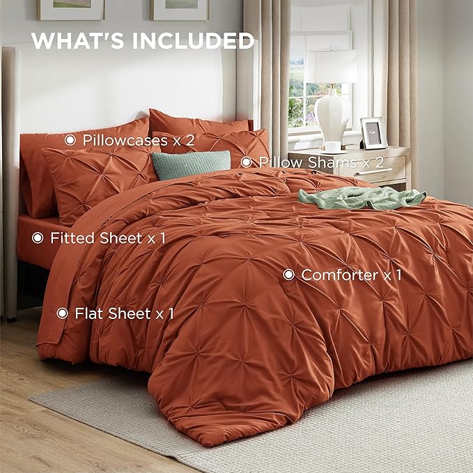 Bedsure Full Comforter Set Burnt Orange - Bed in a Bag Full Size Bedding Set 7 Pieces, GentleSoft™ Pintuck Bed Set Gift for Family, Pinch Pleat All Season Comforter with Sheets, Pillowcases & Shams