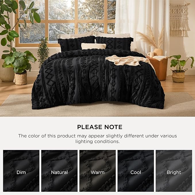 Bedsure Tufted Boho Comforter Set Queen Size - Black Boho Bed Set, GentleSoft™ 3 Pieces Farmhouse Shabby Chic Embroidery Bedding, Gifts for Woman, Soft Jacquard Queen Comforter for All Seasons