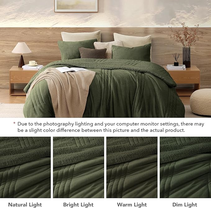 Monbix Fluffy Full Comforter Set Olive Green, Sherpa Plush Fuzzy Comforter 3 Piece for Full Size Bed, Luxury Soft Winter Warm Bedding Set